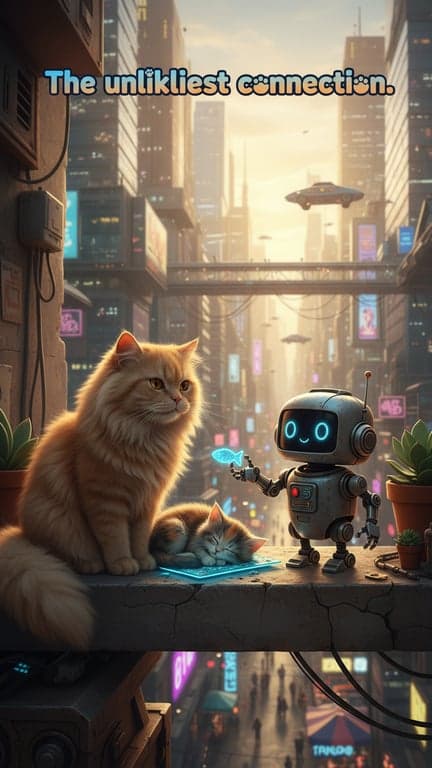 A funny and heartwarming scene of a robot and a stray cat forming an unlikely family in a futuristic city, with the tagline "The unlikeliest connection." in playful font.