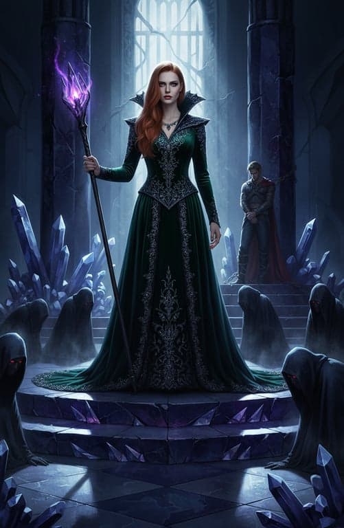 A powerful and elegant sorceress villain standing tall in her crystal palace, with shadowy minions at her feet and a captured hero in the background, dramatic lighting.