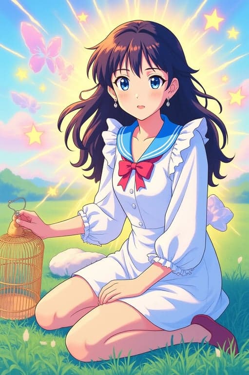 a portrait of a person enhanced with classic magical girl transformation visuals, dressed in a clean anime magical outfit featuring a structured bodice, short flared skirt, ribbon details, gloves, boots, glowing aura, and soft cinematic anime lighting