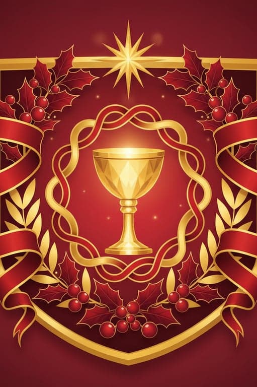 Create an elegant, festive crest that captures the celebratory glow and rich red/gold tones of the holiday dinner photo. Use a chalice or intertwined ring motif at the center, surrounded by holly or laurel.