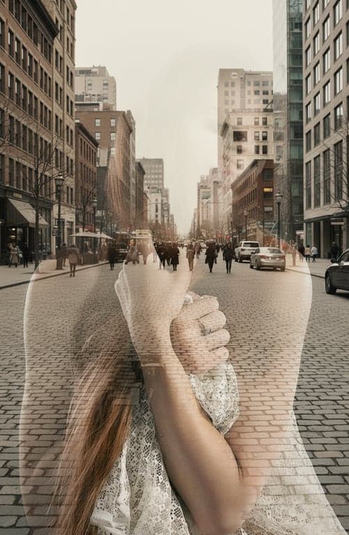 A photo of a hand holding an old photograph, where the scene from the photograph (a historical street) blends into the modern background behind the hand.