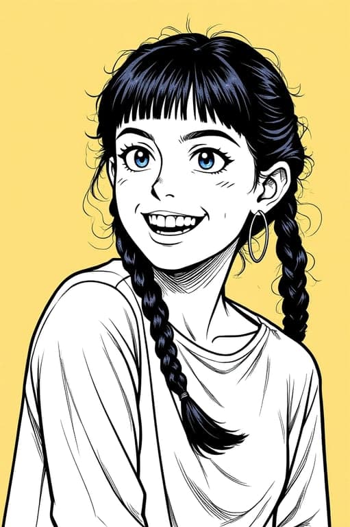 a portrait of a person drawn in a BNHA-inspired manga aesthetic, using thick outlines, flat color zones with shadow layers, expressive facial emotion, and a clean action-ready composition