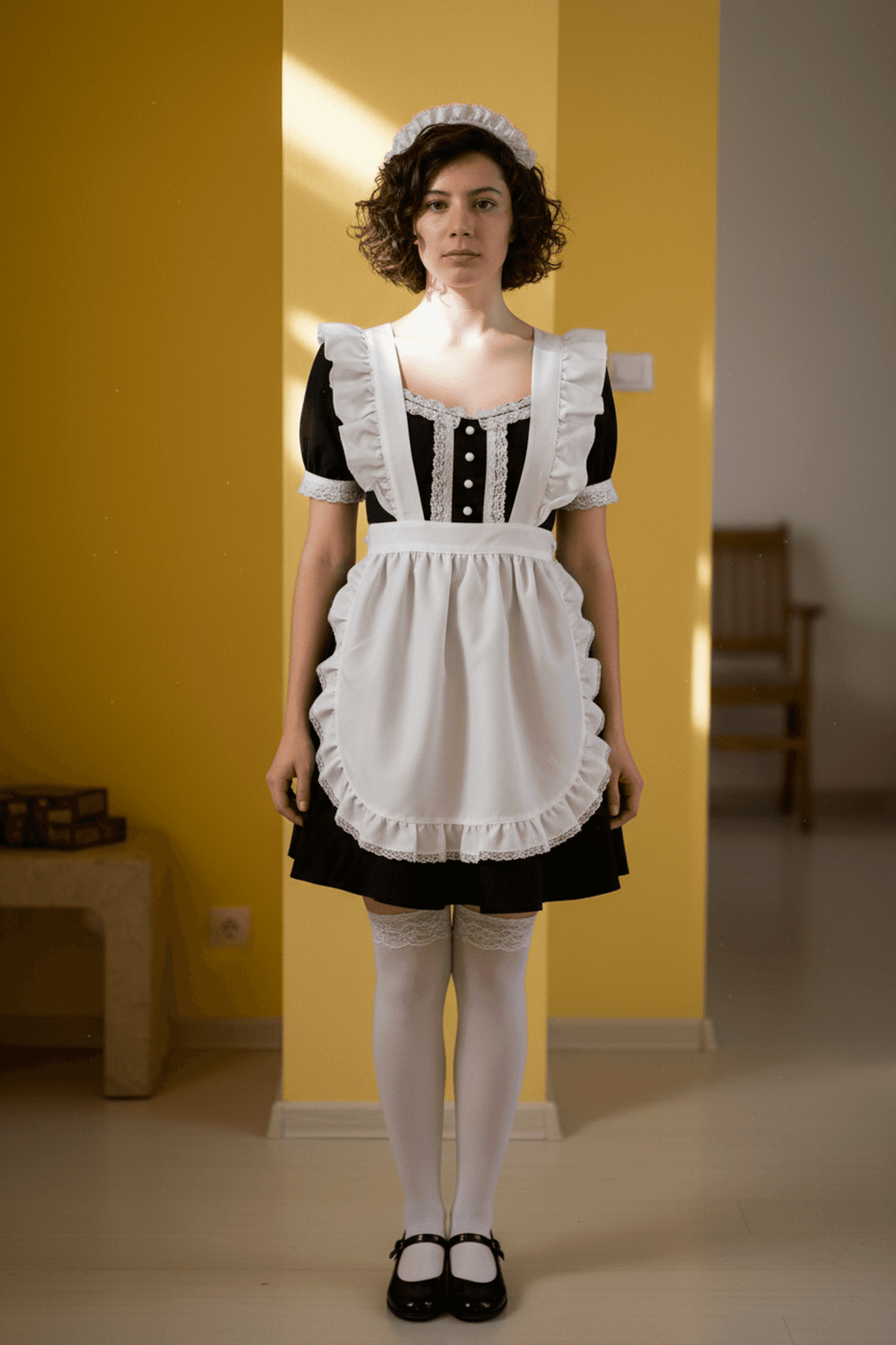 Full-body view of her in a ruffled maid dress and apron, still in the yellow room.
