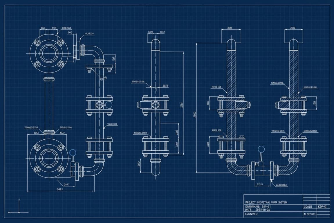 a CAD blueprint-style drawing featuring thin precise lines, clear geometric construction, orthographic views, minimal shading, monochrome or blueprint color scheme, and technical drafting accuracy