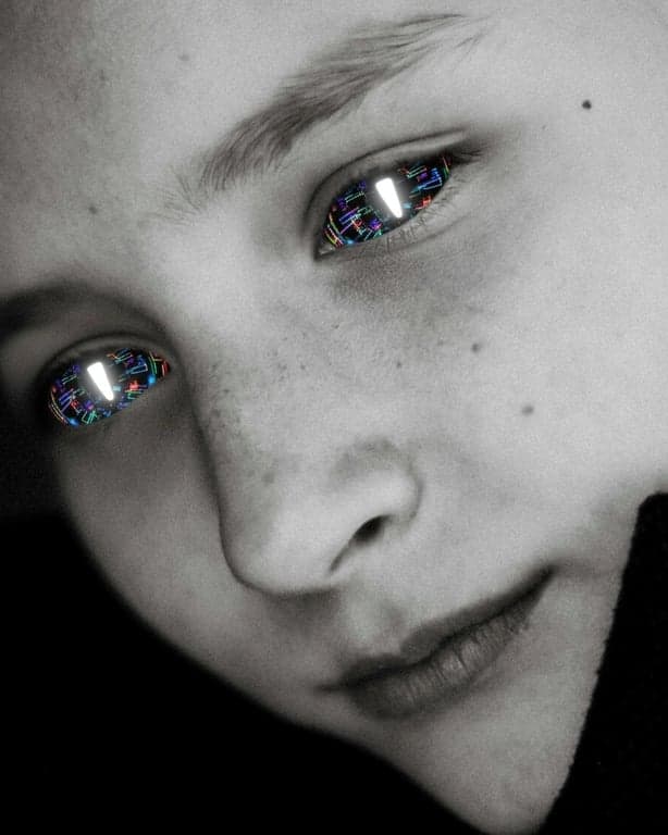 AI big eyes filter after photo - women portrait black and white after big eyes filter