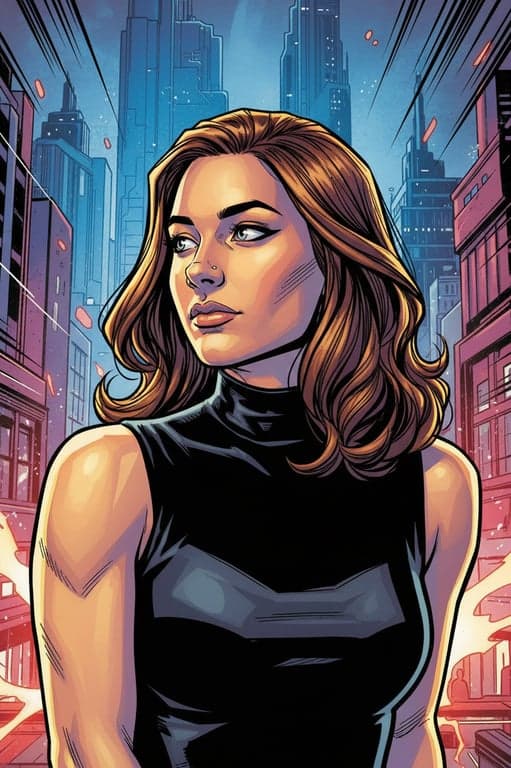 a portrait of a person transformed into a DC Comics–style comic book illustration featuring strong angular facial structure, sharp jawline, defined cheekbones, bold black ink outlines, high-contrast comic shading, muscular visual tension, saturated but controlled colors, and a dramatic superhero comic atmosphere