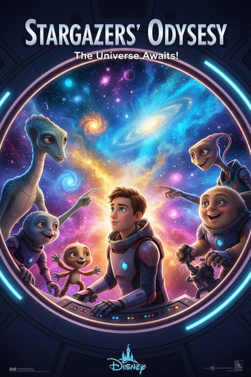 A poster for a space exploration film with Disney's sense of optimism, featuring a diverse crew of aliens and humans looking out of a spaceship window at a wondrous nebula.