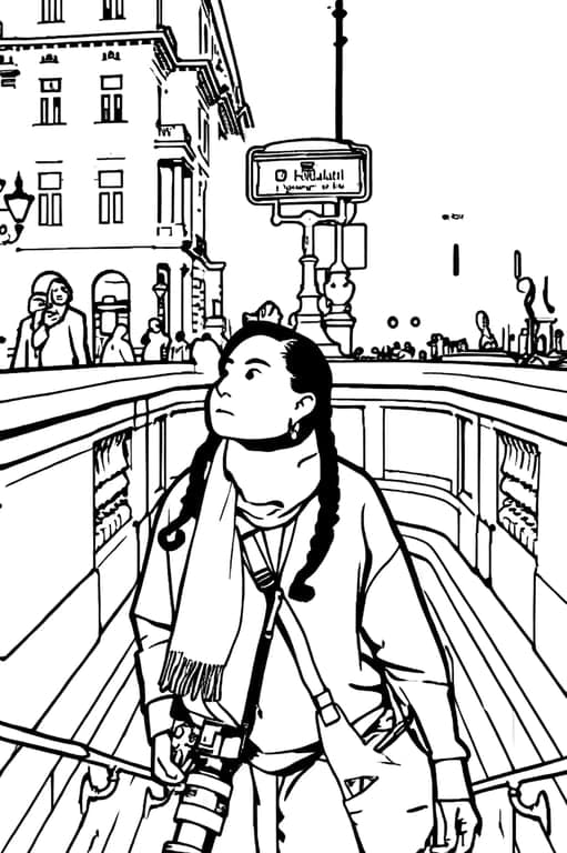 a portrait of a woman, snoopy cartoon filter, black ink outline, limited comic color palette, simple facial features, white background.