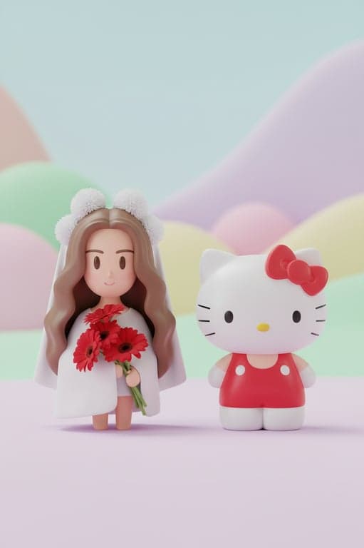 Convert the original person into a human-style 3D character compatible with the Hello Kitty parallel world. Preserve hairstyle and posture, simplify facial features, and render the character as a toy-like figure. Place a Hello Kitty 3D figurine next to them to anchor the scene, using the same scale, materials, and lighting.
