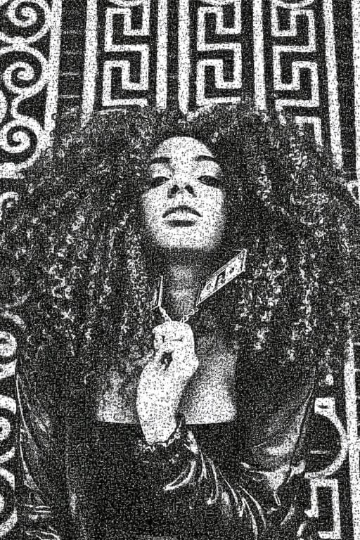 A close-up portrait of a woman converted into monochrome ASCII art, using a dense mix of characters (like @, #, %, *, `, .) to create gradients and facial details.