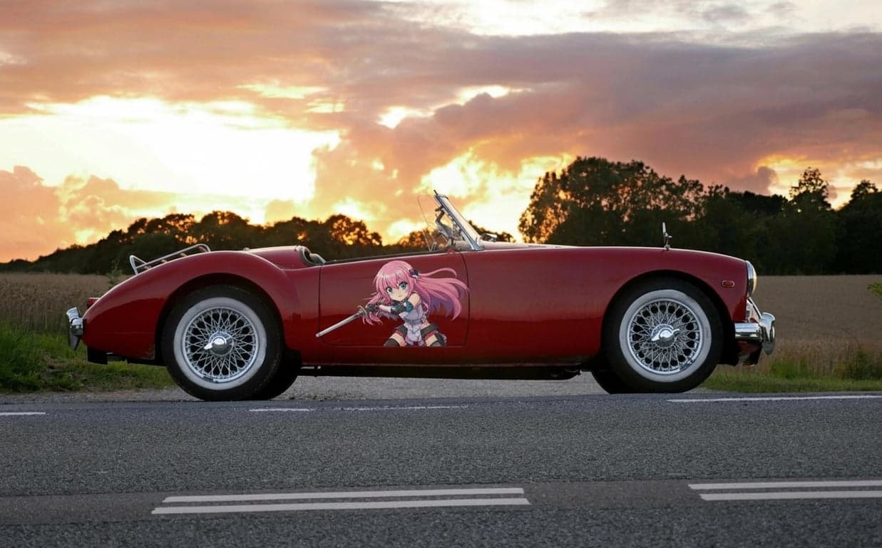 AI anime car sticker after photo - red car in the sunset with car sticker