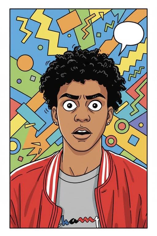 Comic Book Style filter after transformation - child portrait in funny gag comic style with cheerful shapes and sound effect icons