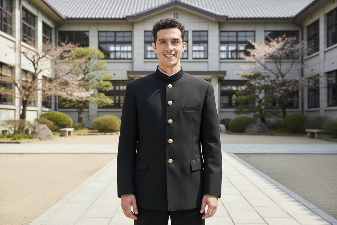a portrait of a student in a gakuran-style uniform with black jacket and stand-up collar, standing in a traditional school courtyard