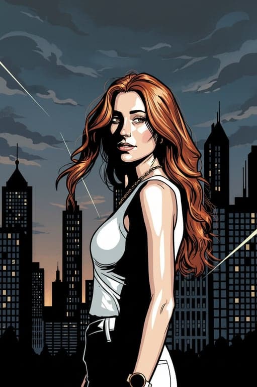 a portrait of a person recreated in a DC Comics graphic novel style with bold contour lines, deep shadows, sculpted highlights, and a dark heroic atmosphere