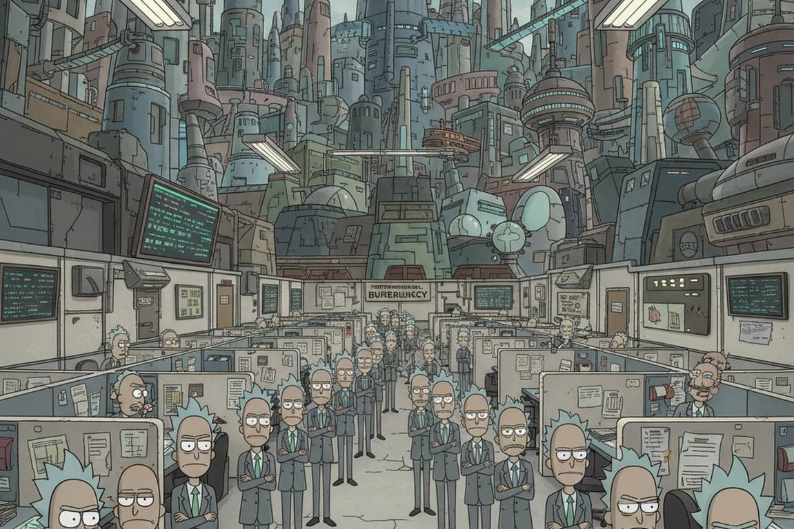 The Citadel of Ricks background scene, but foreground features a line of identical, grumpy Ricks waiting in a queue at a bureaucratic office, showcasing muted colors and towering sci-fi architecture.
