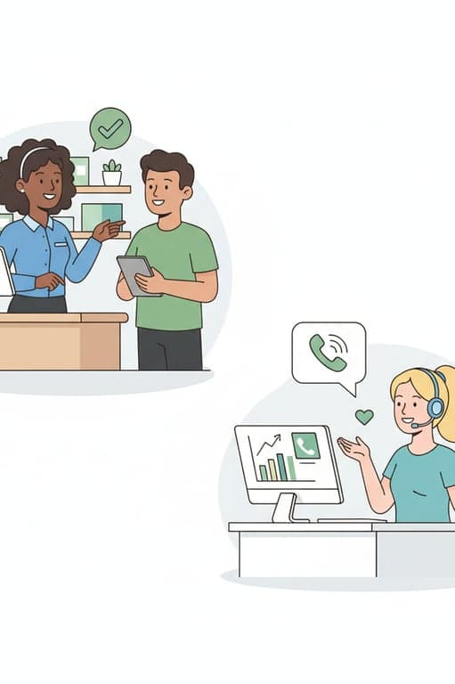A customer service clipart set: a person helping another at a counter, a person on a support call.