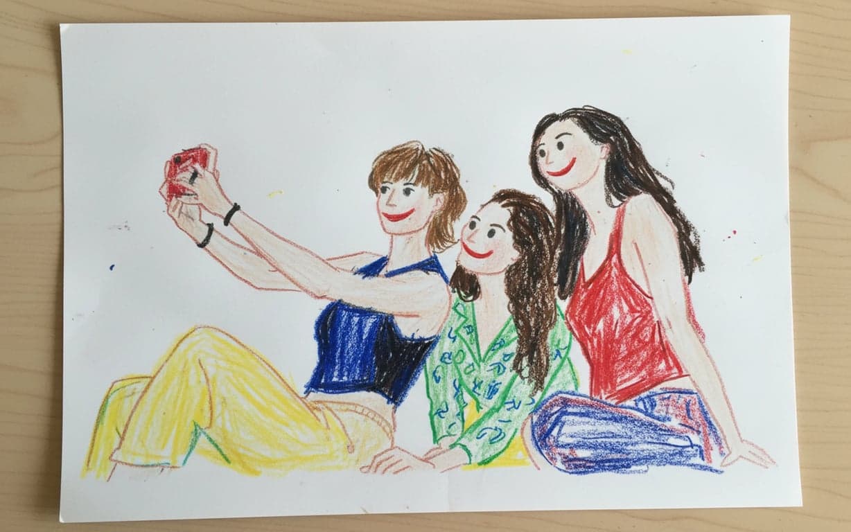 a child's drawing of a family, crayon style, stick figures, oversized heads, bright primary colors, white paper background.