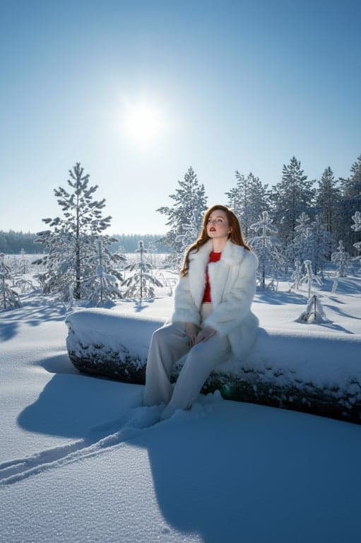 A winter scene with a low, cold winter sun added, casting long blueish shadows and creating a crisp, clear directional light on snow.