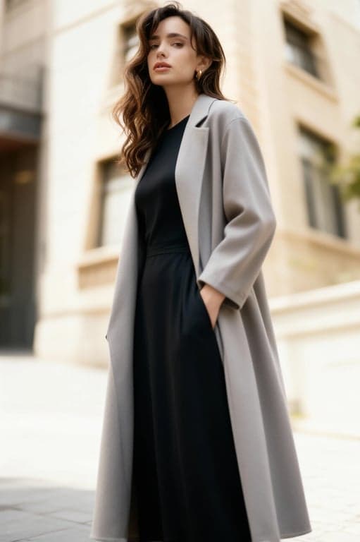 a portrait of a person wearing a Korean casual-chic outfit with long coat, straight inner dress, minimal detailing, clean lines, muted color palette, balanced proportions, calm urban lighting