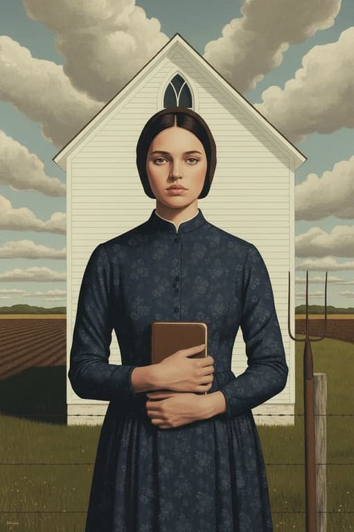 a portrait of a person reimagined in a classic American Gothic realism style with carefully structured facial planes, calm but intense expression, balanced symmetrical framing, subdued lighting, restrained color usage, and a solemn American rural mood