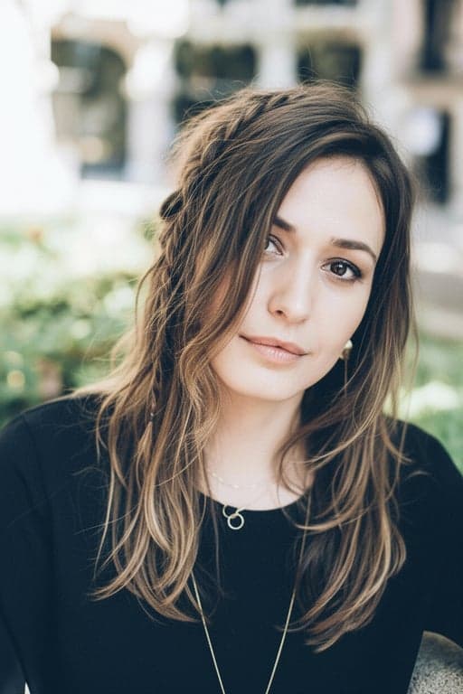 a boho-style braided hairstyle with loose, textured braids, natural wave patterns, and strands falling freely around the face for a relaxed, laid-back look