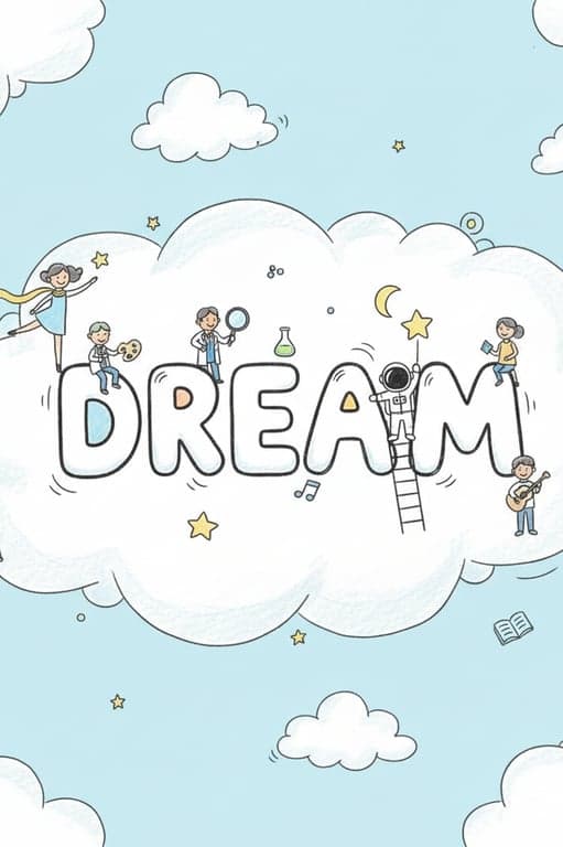 A motivational word like "DREAM" sketched in a cloud, with small doodles of people (a dancer, a scientist, an astronaut) climbing the letters or peeking out from them.