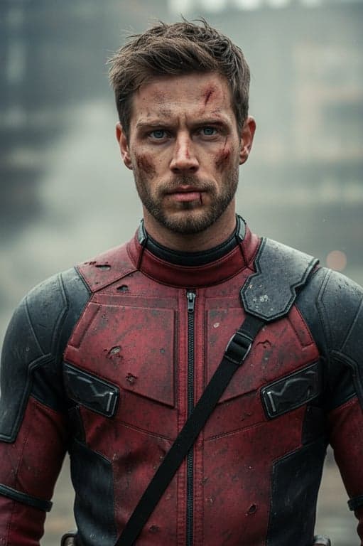 a portrait of a person as a battle-damaged Deadpool, with torn suit sections, dirt effects, and a more serious, weathered combat look