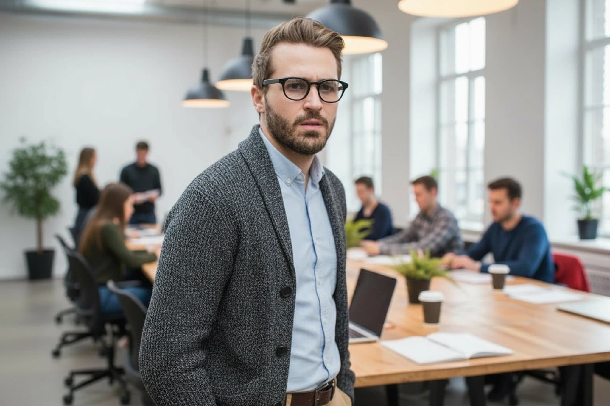 business casual outfits filter after transformation - portrait in neat cardigan and chinos business casual outfit in shared workspace