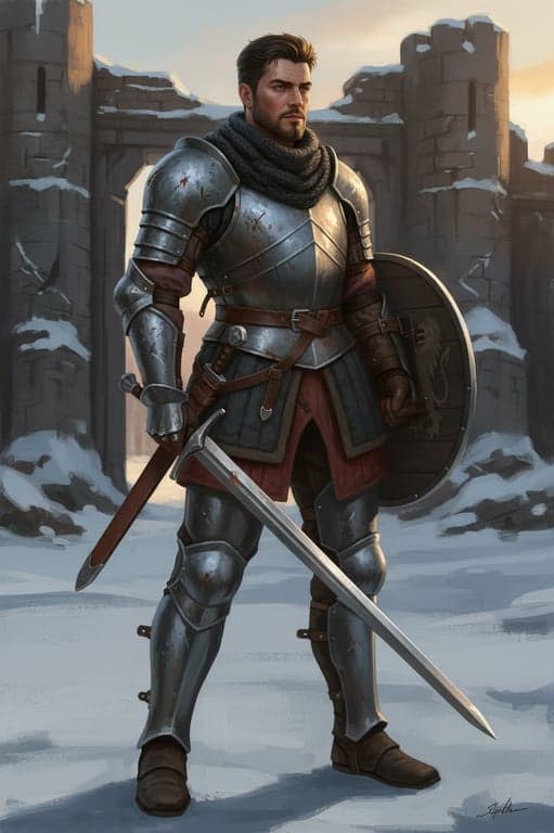 a D&D-style fighter character wearing functional armor and carrying class-appropriate weapons, with strong physical presence, realistic proportions, worn materials, and a grounded heroic pose consistent with tabletop fantasy art