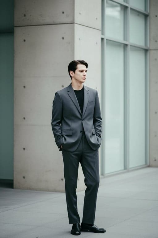 a portrait of a person wearing refined Korean minimalist menswear with a straight tailored silhouette, relaxed shoulder line, clean-cut jacket and trousers, smooth woven fabric, restrained detailing, balanced proportions, composed standing pose, gentle daylight atmosphere
