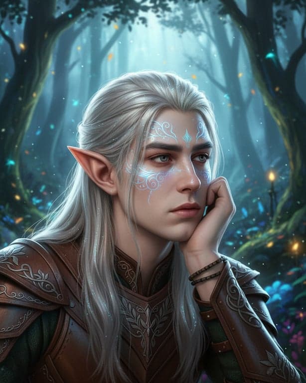 a fantasy portrait of an elven man with pointed ears and long silver hair, intricate tattoos on his face, wearing leather armor, in a mystical forest setting.