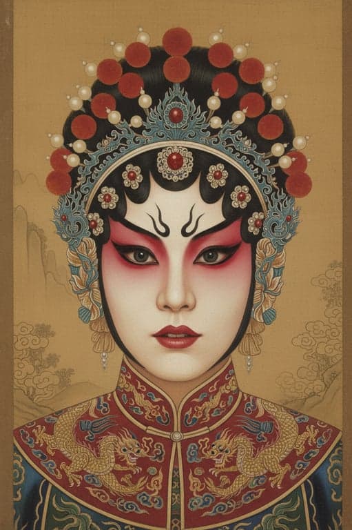 A close-up portrait of an opera performer with Peking Opera makeup, rendered in the detailed, realistic style of court paintings from the Qing Dynasty.