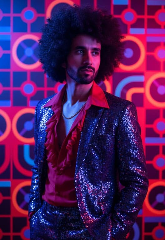 a portrait of a man with afro, disco era style, high contrast, saturated colors (red, blue, purple), geometric patterned background, dramatic lighting.