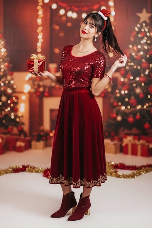 Christmas outfit after – red holiday dress with glowing festive elements