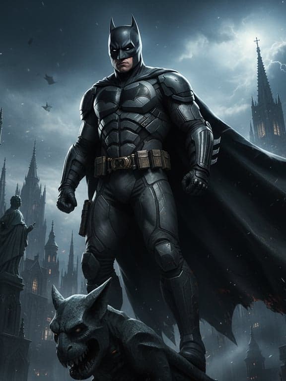 a portrait of batman, realistic suit texture, detailed armored cowl, dramatic shadows, gothic city backdrop, heroic pose.