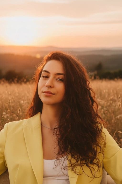 a portrait of a person transformed with low-angle sunset lighting, warm amber highlights, soft shadow falloff, and gentle glow around edges