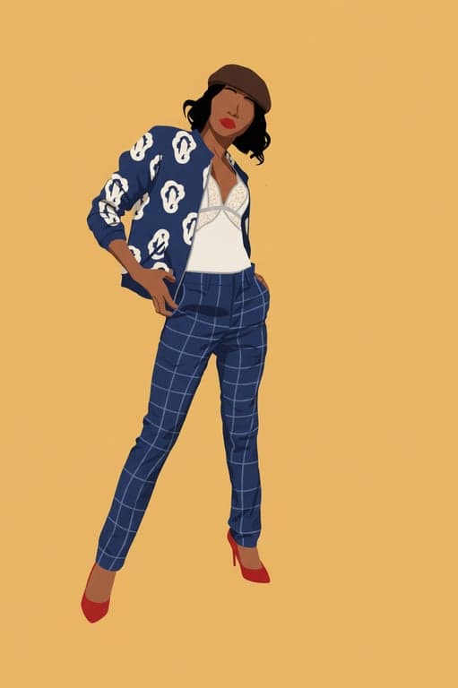 a portrait of a woman converted to flat vector art, using 5-7 solid colors, simplified facial features, geometric hair shapes, and a plain background.