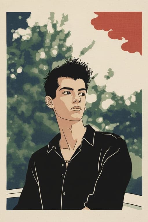 a portrait of a person illustrated in a traditional ukiyo-e–inspired look with flat composition, flowing outlines, minimal detail, and classic Japanese restraint