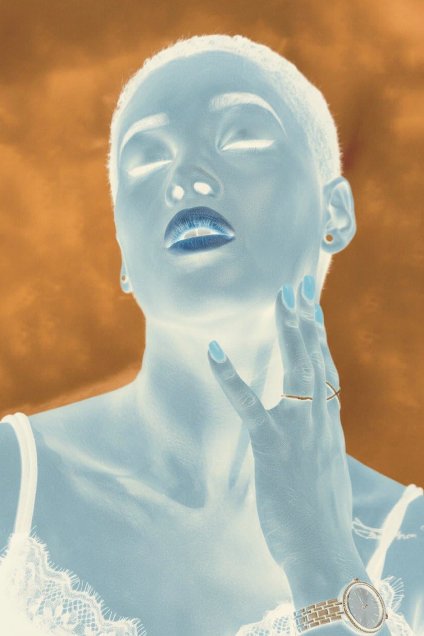 AI negative image filter after transformation - influencer photo with inverted color aesthetic