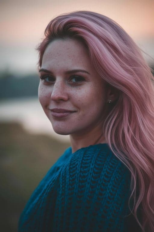 a portrait of a person transformed with pink hair color, applying soft pastel pink tones evenly across the hair, preserving individual hair strands, realistic shine, natural root transition, and consistent lighting