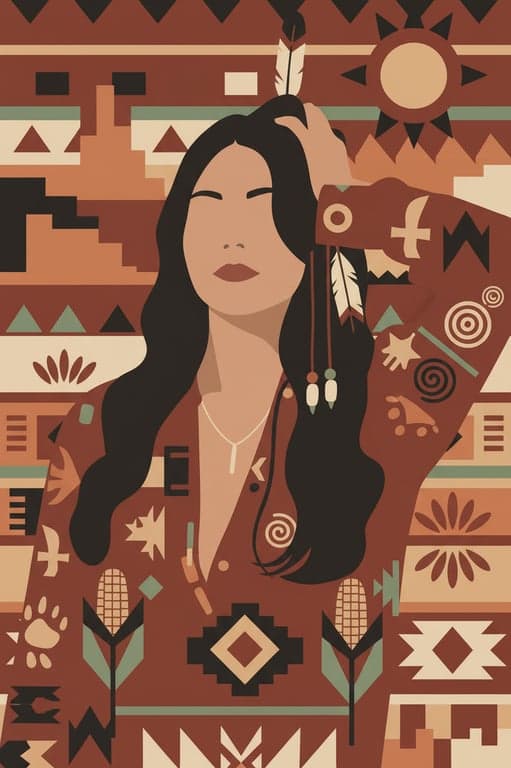 a portrait of a person adapted into a tribal-inspired indigenous art look with rhythmic shapes, decorative motifs, flat shading, and symbolic visual language