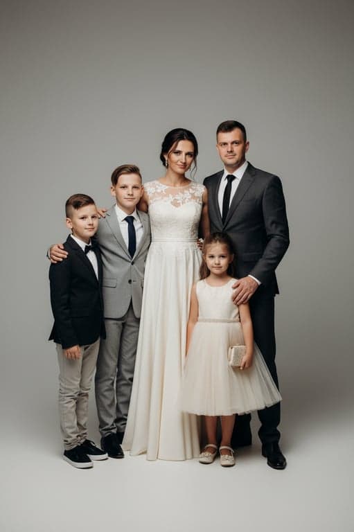 a portrait of a family transformed into a formal studio family portrait, all members wearing elegant coordinated formal outfits such as suits and dresses in neutral tones, posed upright in a clean studio environment with professional lighting, balanced composition, and confident, composed expressions