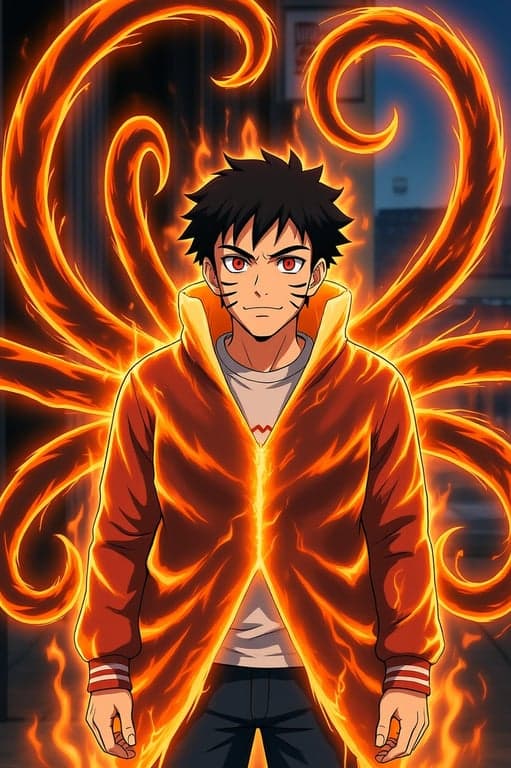 a portrait of a person as a tailed beast jinchuriki, with chakra cloak forming and multiple tails of energy visible