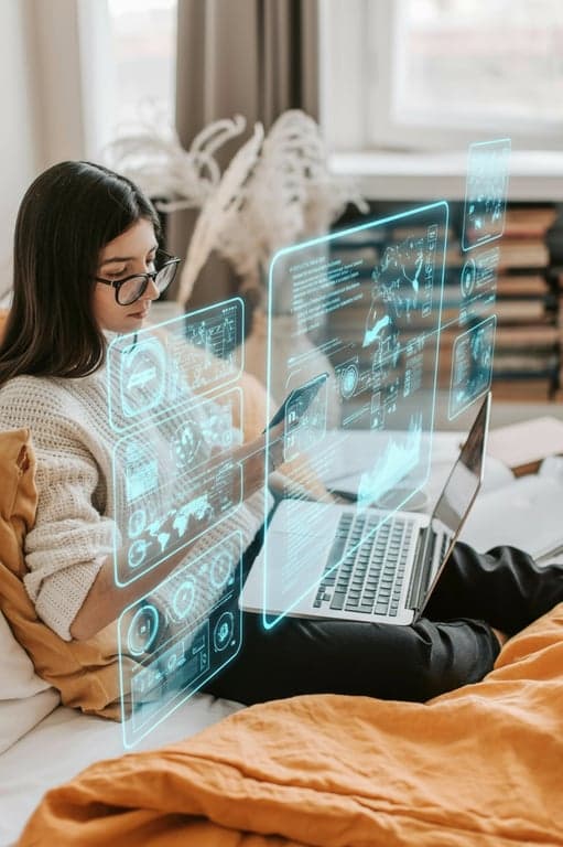 Image featuring floating holographic screens and HUD interfaces, creating a sci-fi technology look.