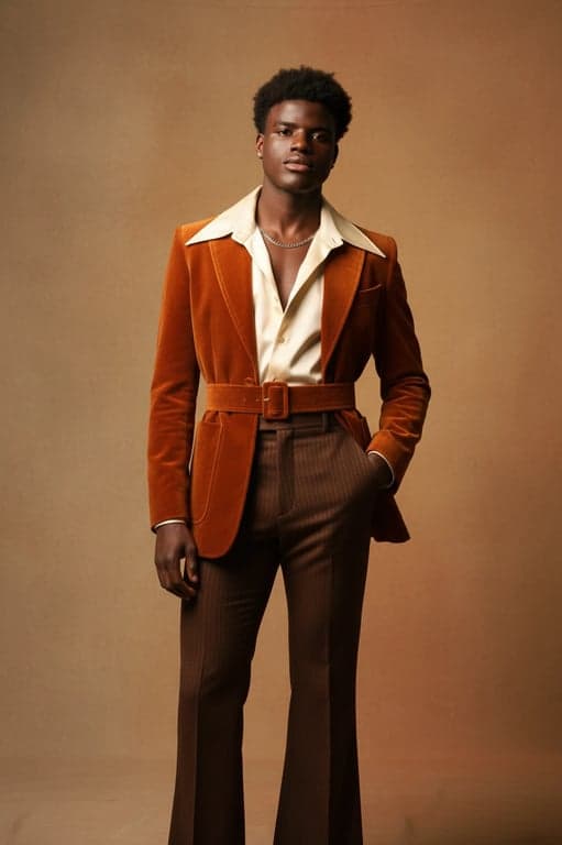 a portrait of a person enhanced with editorial 70s vintage styling, structured retro jackets or tailored tops, defined waistlines, flared silhouettes, intentional outfit layering, confident pose, and warm cinematic lighting