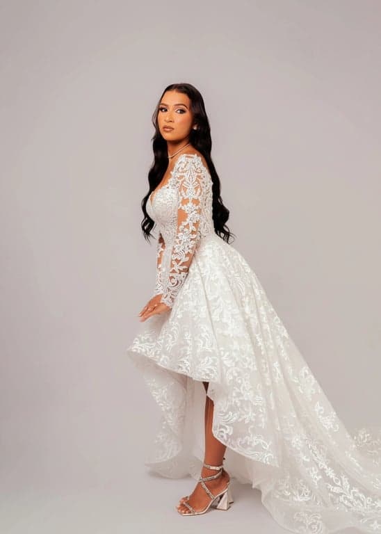 AI wedding dress before pic-woman in a High-Low wedding dress
