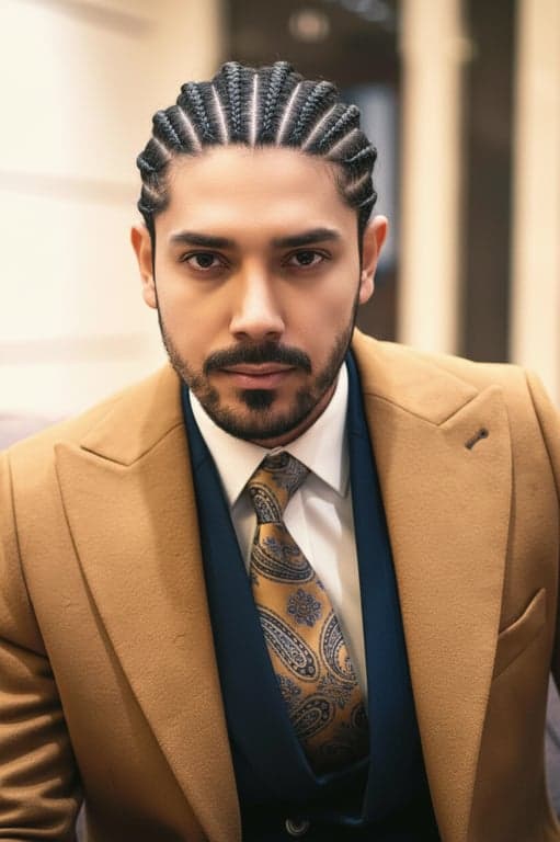 a portrait of a man with curved cornrow patterns, sharp parts, detailed scalp visibility, fresh and clean look, close-up shot.
