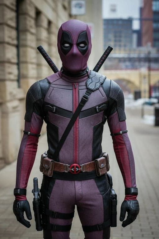 a portrait transformed into Deadpool's X-Force uniform cosplay, featuring the sleek gray and black suit with red details and weapon holsters