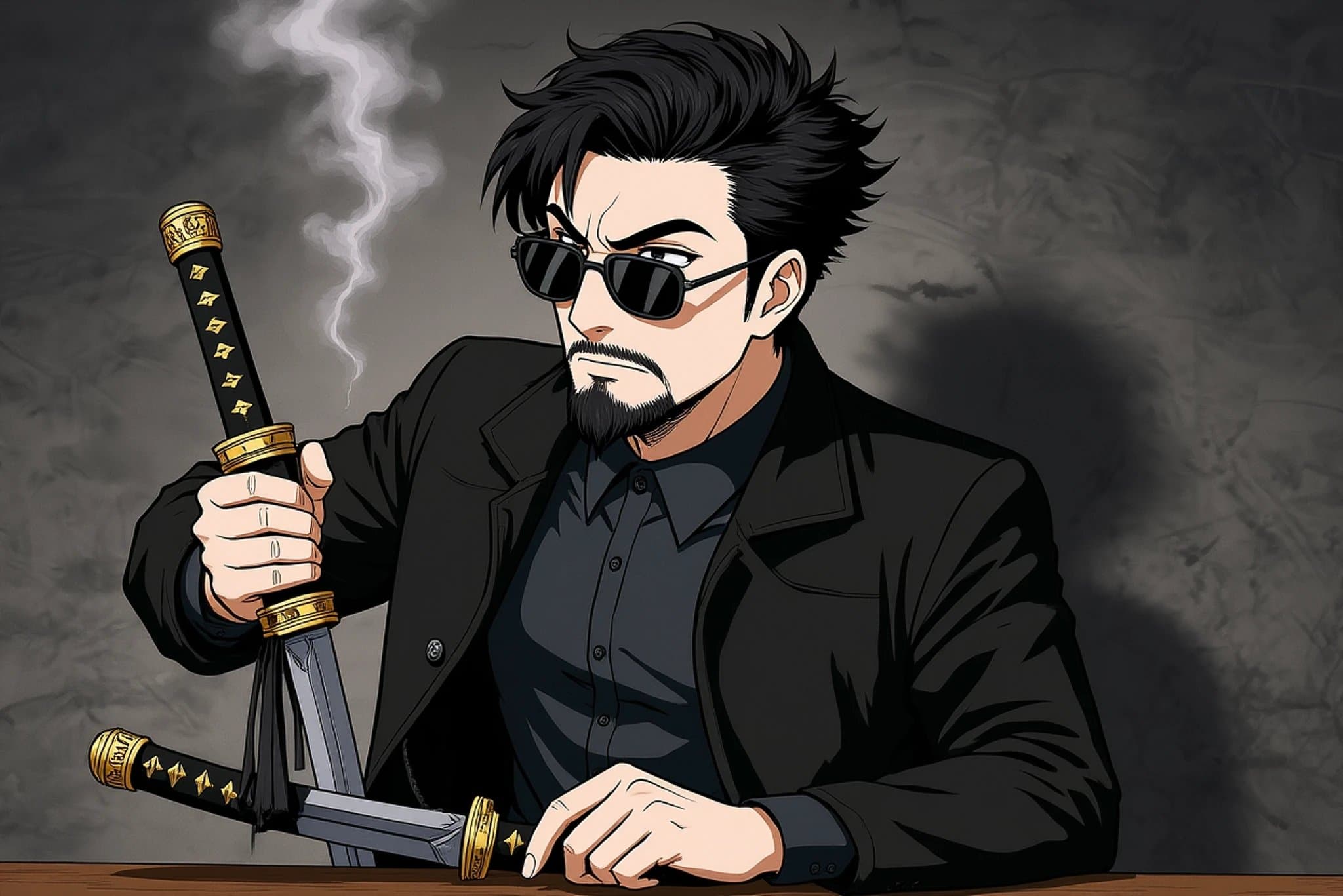 a portrait of a man with a stern expression, in Bleach style, holding a sealed zanpakuto with a detailed hilt and tassel.