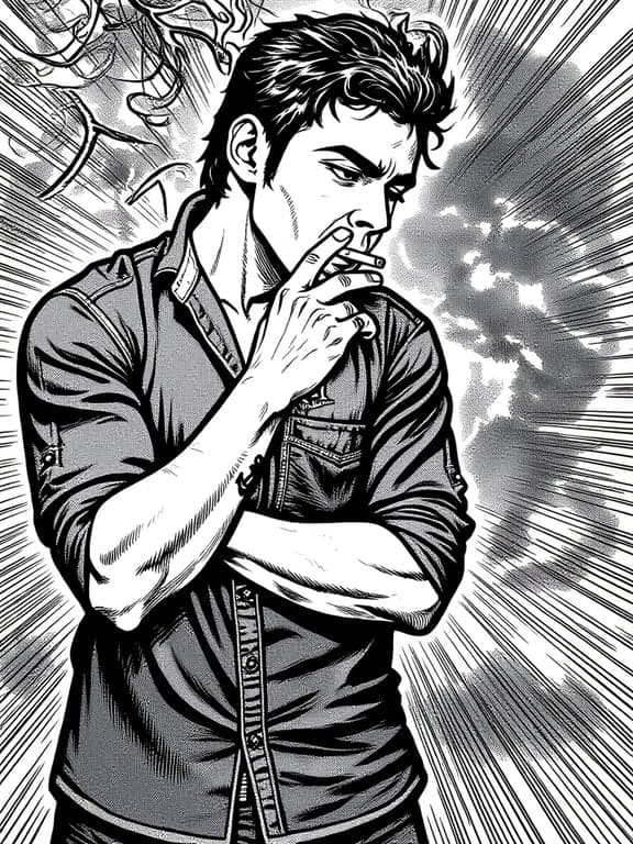 a portrait of a person in a classic "JoJo" panel composition, with speed lines, onomatopoeia, and dynamic framing